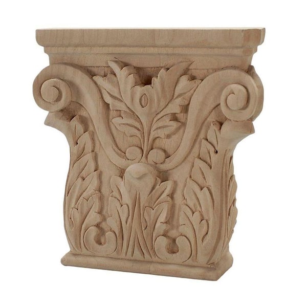 American Pro Decor 6-1/4 in. x 6-1/8 in. x 1-1/4 in. Unfinished Hand Carved Solid American Alder Acanthus Wood Onlay Capital Wood Applique