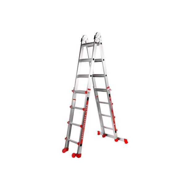 A Frame 4 Step Telescoping Ladder with Stabilizer Bar and Wheels 14 ft. Aviation-Grade Aluminum Alloy 330lbs Max Capacit