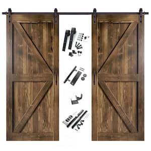 48 in. x 84 in. K-Frame Walnut Double Pine Wood Interior Sliding Barn Door with Hardware Kit, Non-Bypass
