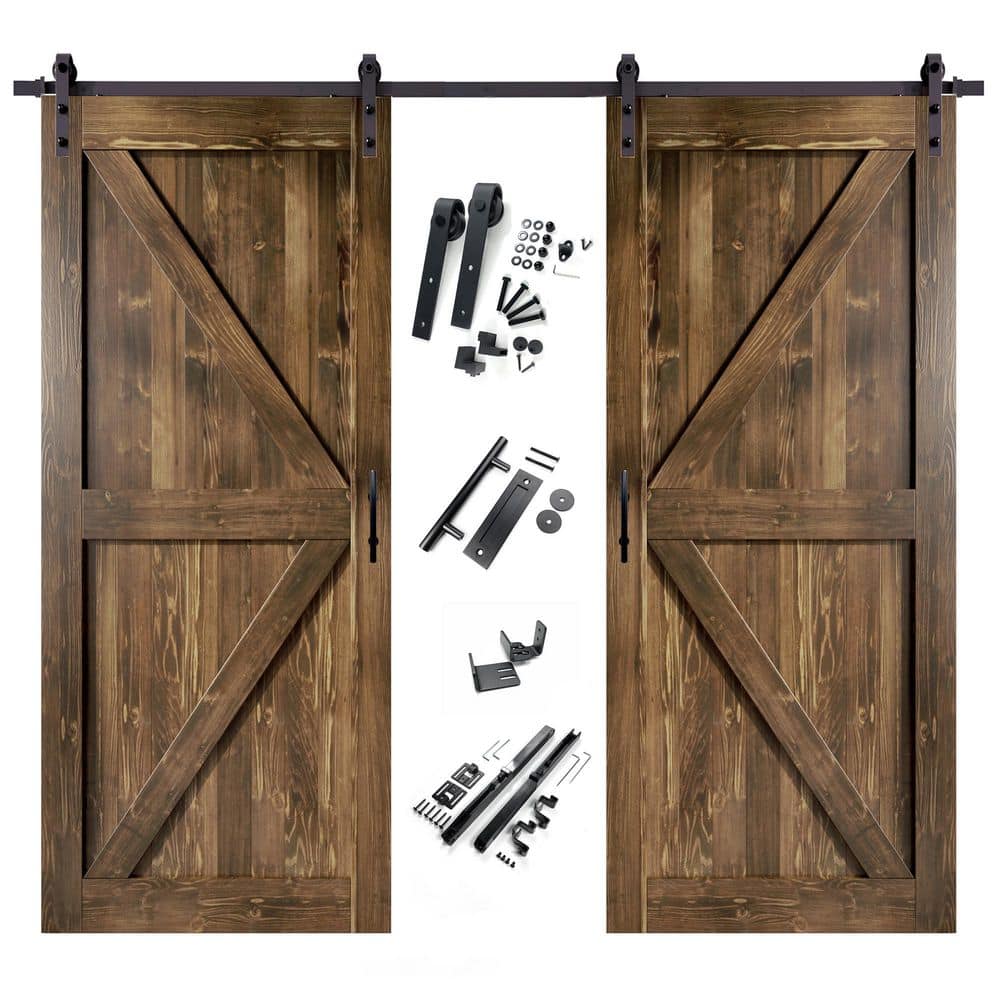 48 in. x 84 in. K-Frame Walnut Double Pine Wood Interior Sliding Barn Door with Hardware Kit, Non-Bypass price history on PriceWatchPro