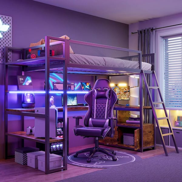 Black Twin Size Wood Loft Bed with Built-in Workstation, LED and Multiple Storage
