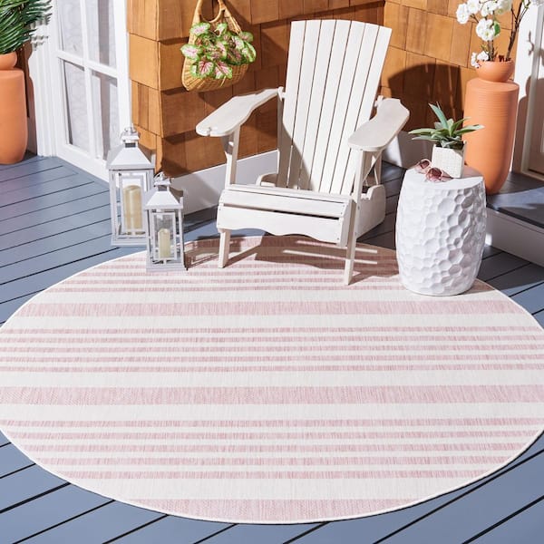Courtyard Ivory/Soft Pink 7 ft. x 7 ft. Geometric Striped Indoor/Outdoor Round Area Rug
