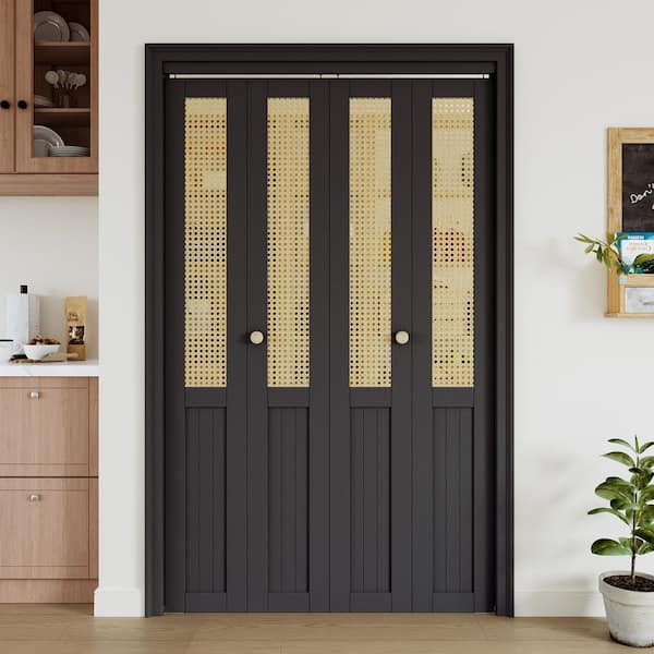 48 in. x 80 in. Paneled Solid Core Black Finished MDF Wood and Imitated Rattan Weaving Bi-Fold Door with Hardware