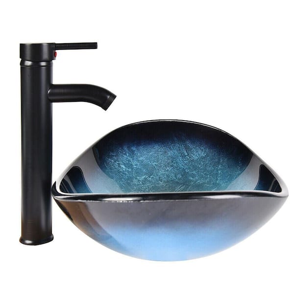 Boat Shape Blue Glass Vessel Sink with Faucet in Black included Pop-up Drain