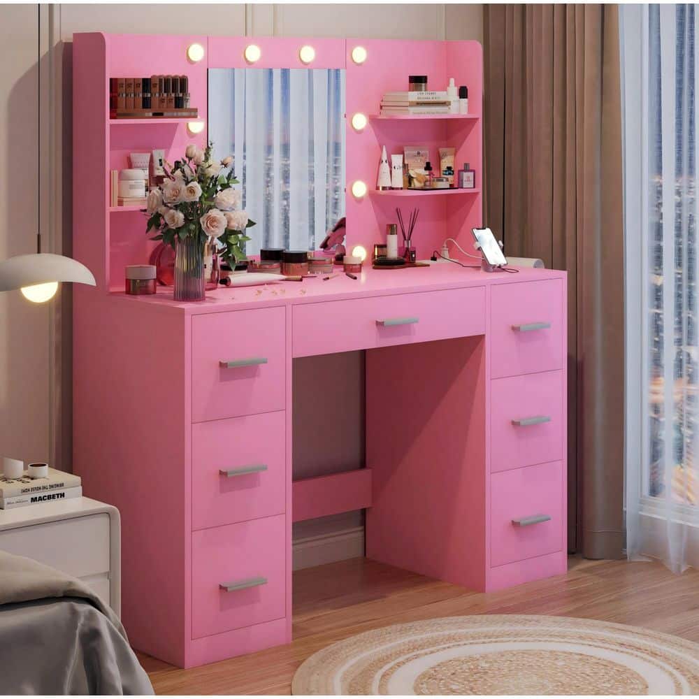 Makeup Vanity With Lights in 3-Colors, Vanity Desk with Large Mirror, Drawers and Shelves, White