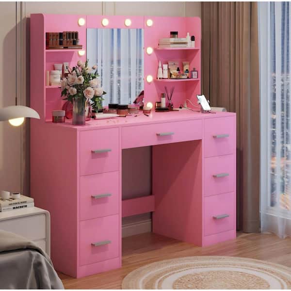 Makeup Vanity with Lights in 3-Colors, Vanity Desk with Large Mirror, Drawers and Shelves, Pink