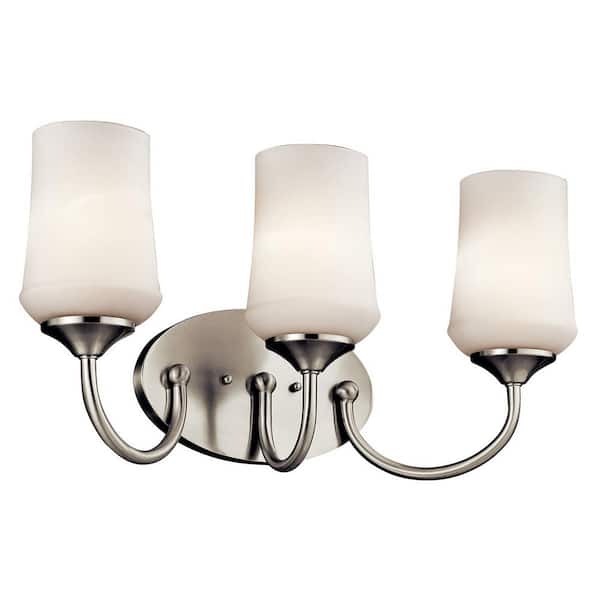 KICHLER Aubrey 21 in. 3-Light Brushed Nickel LED Transitional Bathroom Vanity Light with Satin Etched White Glass Shade
