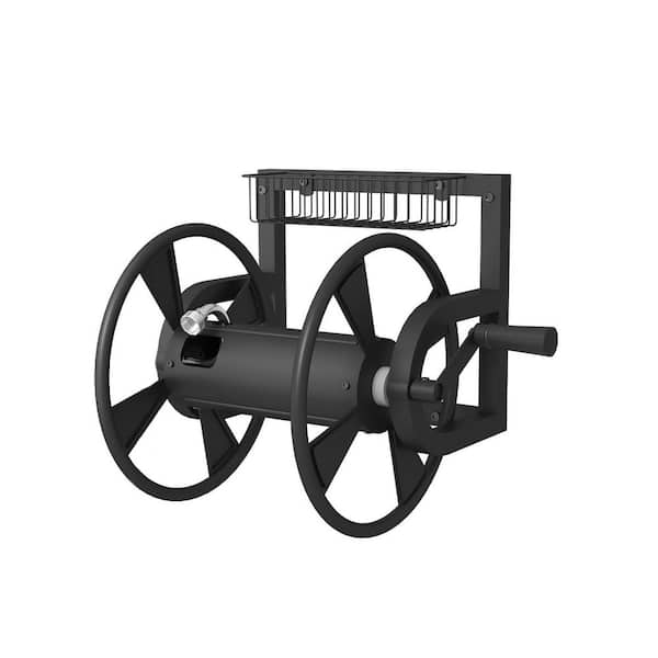 Outdoor Wall Mounted Hose Reel with 3.9 ft Leader Hose Brass Fitting Storage Basket Holds 125ft Water Hose Black