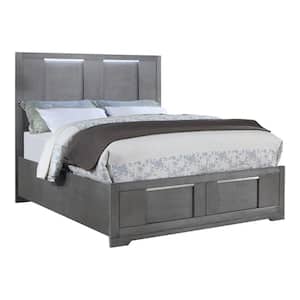 Invern Gray Wood Frame California King Platform Bed with Lighted Headboard and 2-Drawers