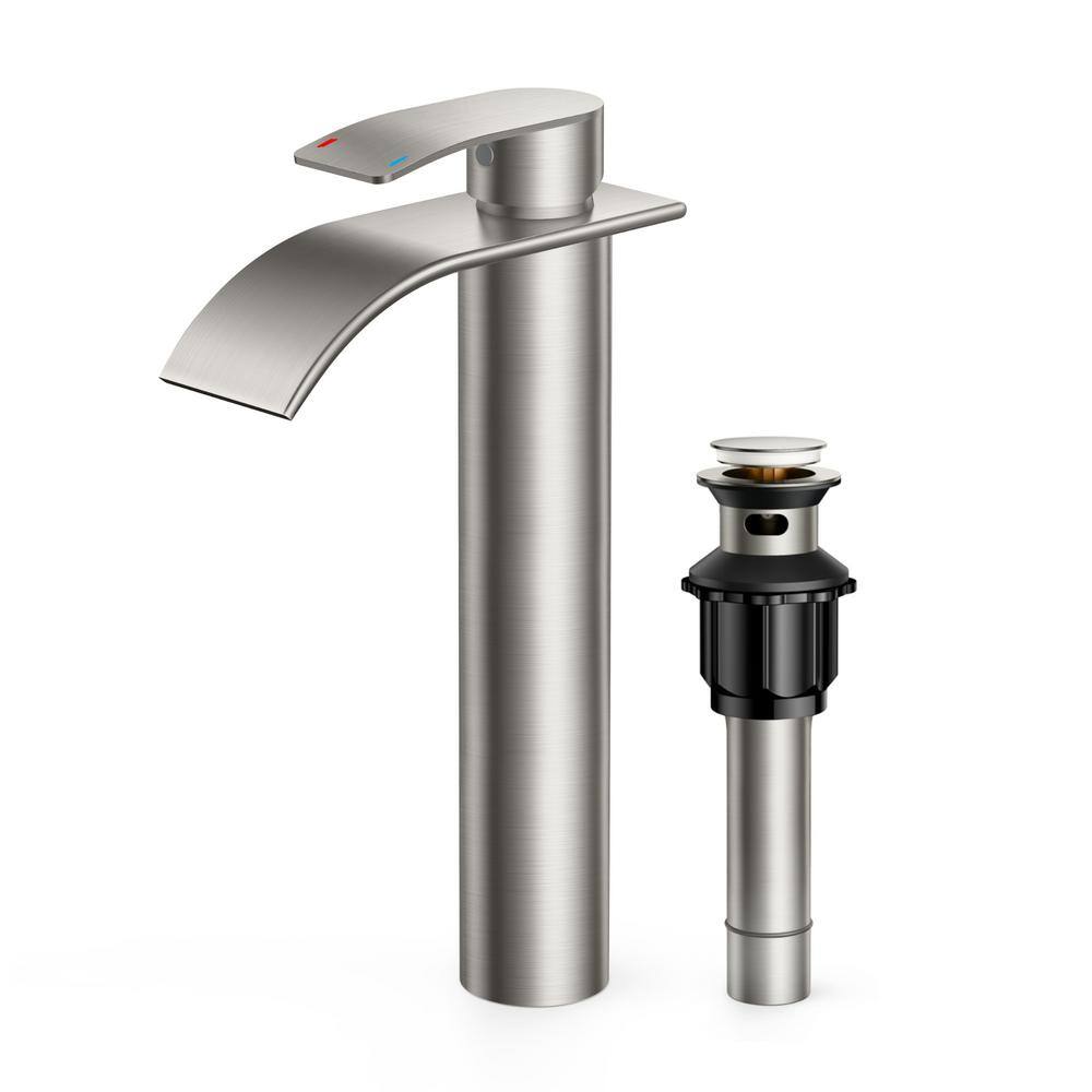 Single-Handle Single Hole Waterfall Bathroom Faucet with Pop-up Drain in Br