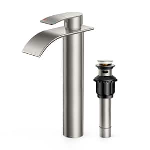 Single-Handle Single Hole Waterfall Bathroom Faucet with Pop-up Drain in Brushed Nickel