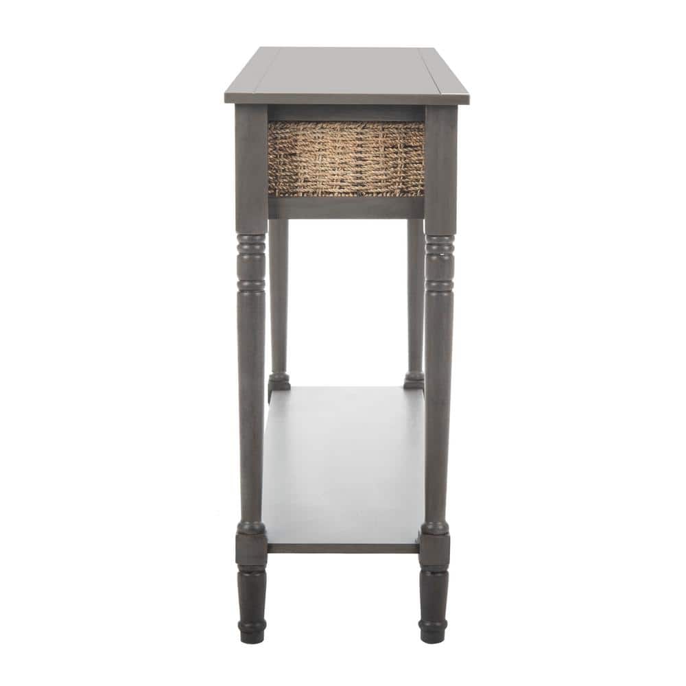 Gray Transitional Wood Console Table with Wicker Storage