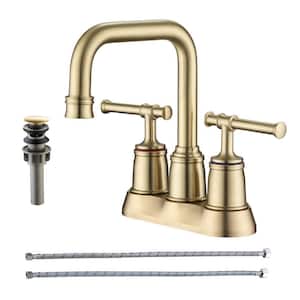 4 in. Centerset Double-Handle High-Arc Bathroom Faucet with Drain and Supply Lines Included in Brushed Gold