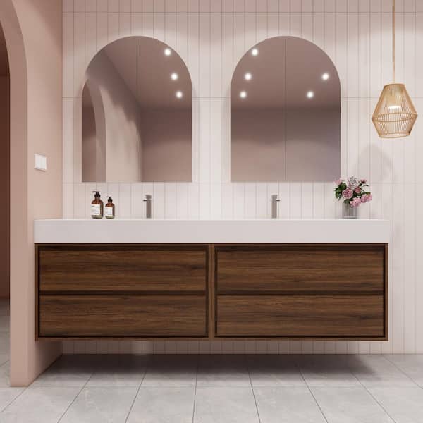 Saggie 84 in. W x 20 in. D x 28 in. H Double Sink Floating Bath Double Vanity in Rosewood with White Acrylic Top