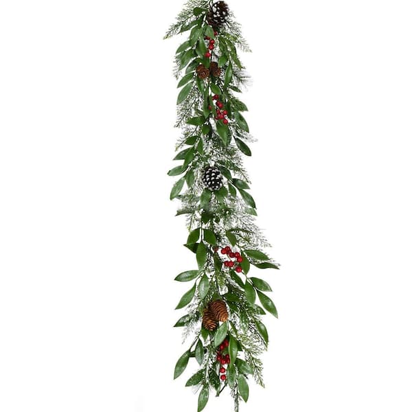 Fraser Hill Farm 9 ft. Mixed Leaf Decorative Artificial Garland with Pinecones and Red Berries