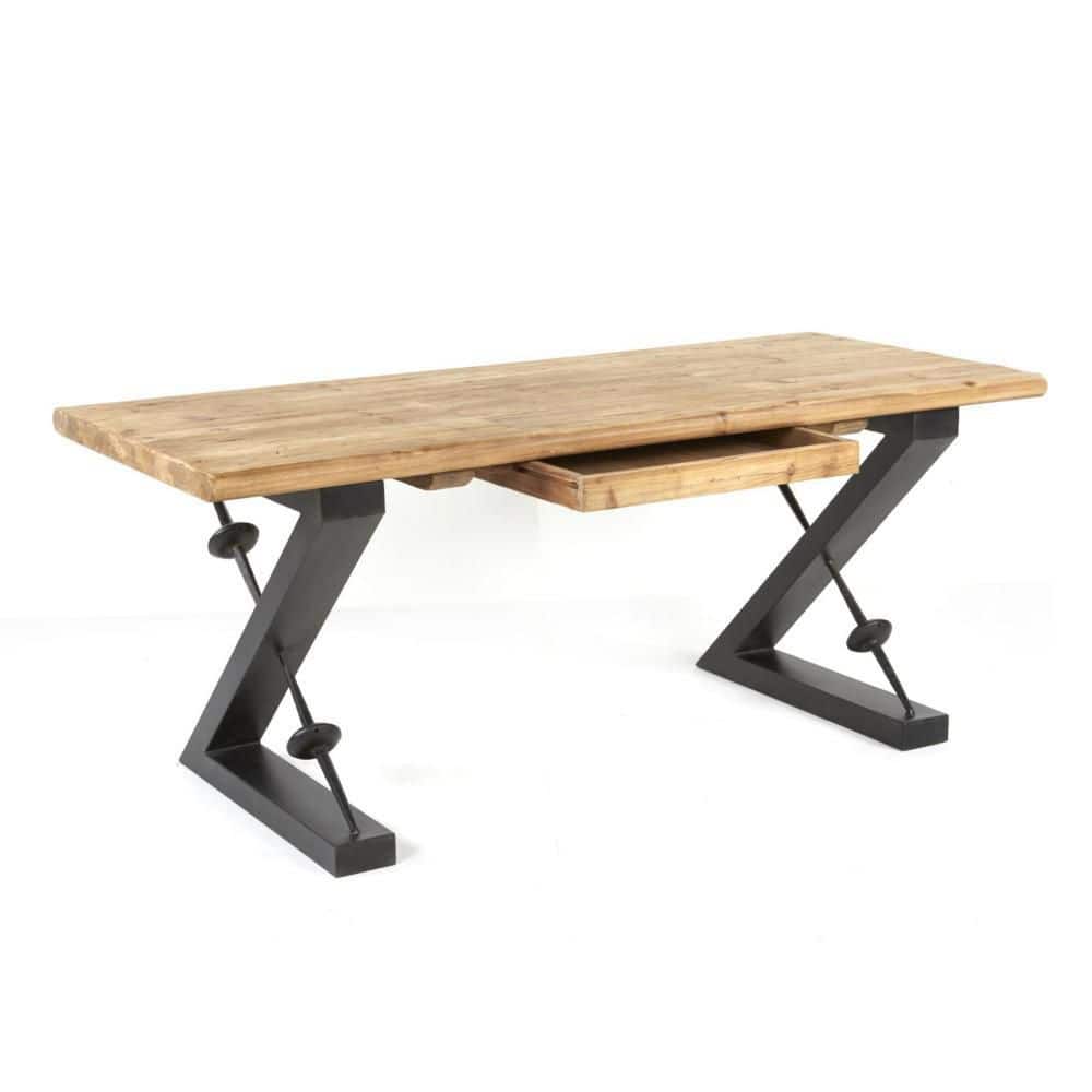 Meya 71 in. Rectangular Black Wood 2-Drawer Writing Desk with Z Shaped Iron Base