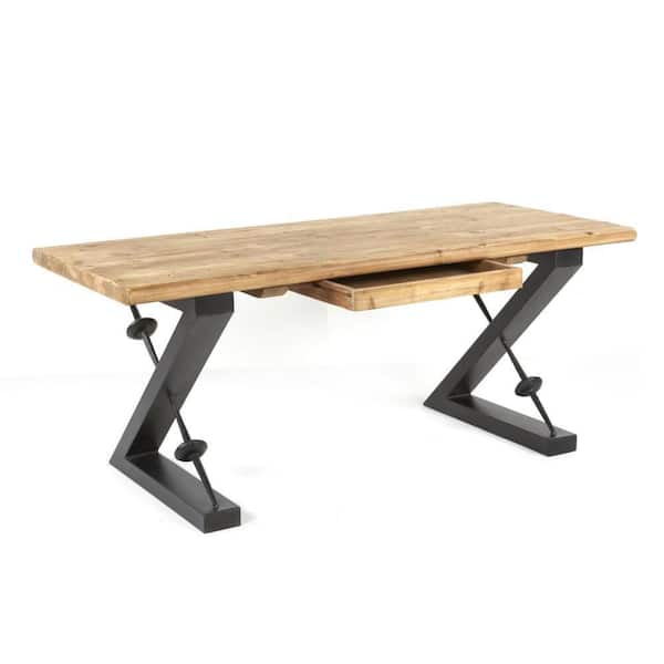 Meya 71 in. Rectangular Black Wood 2-Drawer Writing Desk with Z Shaped Iron Base