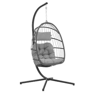1-Person Wicker Patio Swing Egg Chair with Gray Cushions