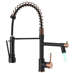 Commercial Single Handle Pull-Down Sprayer Kitchen Faucet with LED Light in Matte Black and Rose Gold