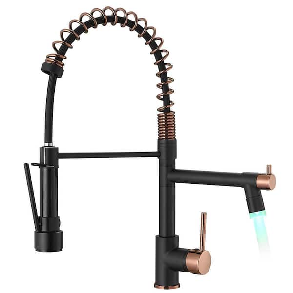 Fapully Commercial Single Handle Pull-Down Sprayer Kitchen Faucet with LED Light in Matte Black and Rose Gold