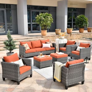 Positano Gray 7-Piece Wicker Patio Conversation Set with Orange Red Cushions