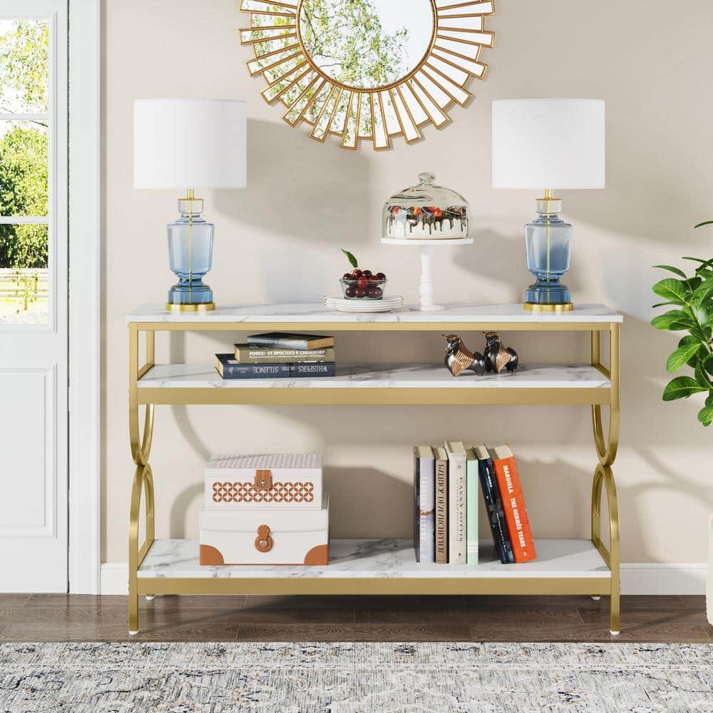 White and Gold Faux Marble 55" Console Table with Storage Shelves