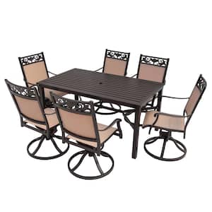 Dark Brown 7-Piece Aluminum Patio Dining Set with High Back Swivel Chairs, Umbrella Hole with Powder Coat Paint