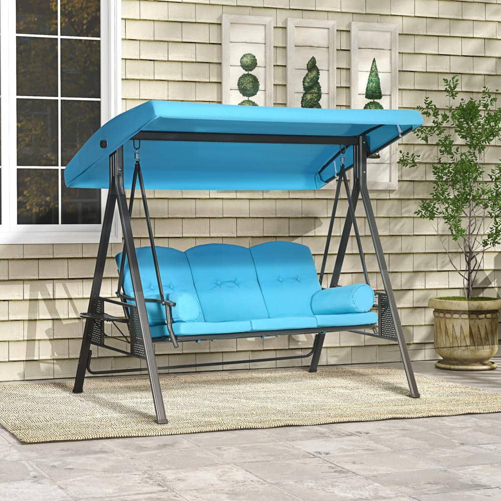 Blue Steel Frame 3-Seat Outdoor Patio Swing with Canopy and Cushions