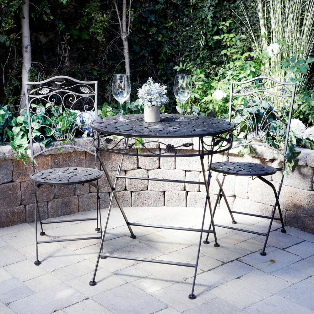 Black Iron 3-Piece Garden Bistro Set with Leaf Design