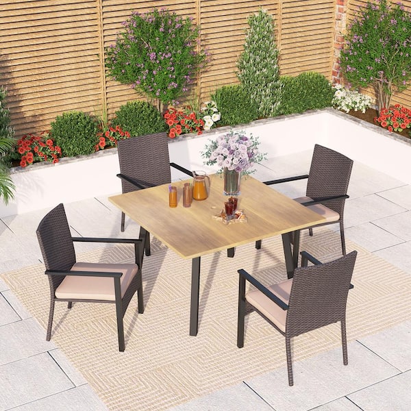 PHI VILLA Black 5-Piece Metal Patio Outdoor Dining Set with Wood-Look Square Table and PE Rattan Cushioned Chairs