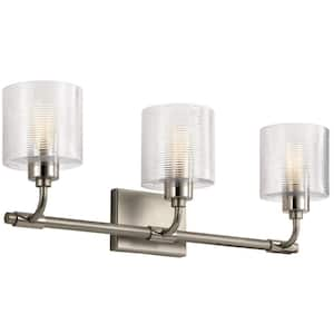 Harvan 25 in. 3-Light Satin Nickel Vintage Bathroom Vanity Light with Clear Ribbed Glass