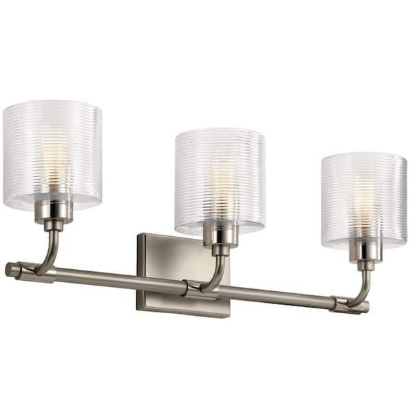 KICHLER Harvan 25 in. 3-Light Satin Nickel Vintage Bathroom Vanity Light with Clear Ribbed Glass