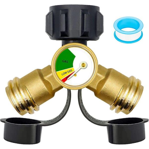 Lukvuzo Propane Tank Splitter with Gauge 2 Way Y Adapter Shut Off Valve for Camping Stoves Heaters BBQ Grills Gas Burners