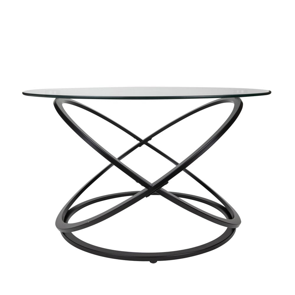 31.5" Round Clear Glass Coffee Table with Black Metal Base
