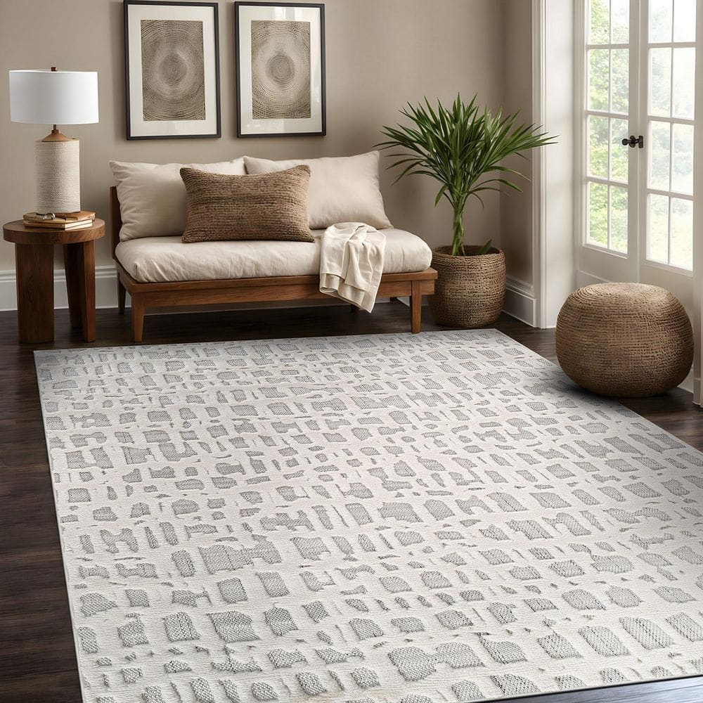 Gray and White Synthetic Flat Woven Rectangular Area Rug 5' x 7'