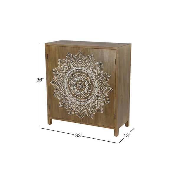 Brown Wood Intricately Carved 1 Shelf and 2 Doors Floral Cabinet