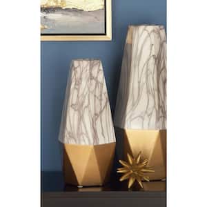 14 in. Gold Faux Marble Ceramic Decorative Vase with Gold Base
