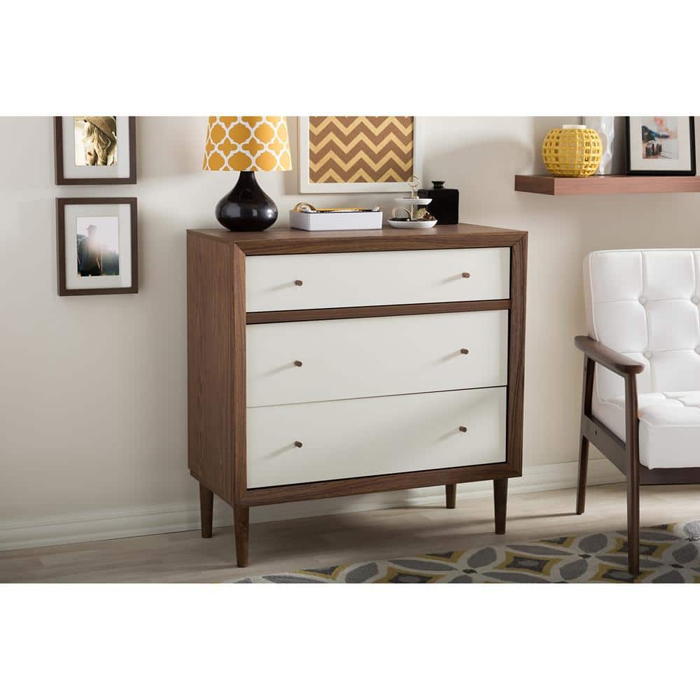 Harlow White and Walnut Mid-Century Modern 3-Drawer Chest