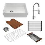 Contempo Step-Rim White Fireclay 30 in. Single Bowl Farmhouse Apron Front Workstation Kitchen Sink with Faucet