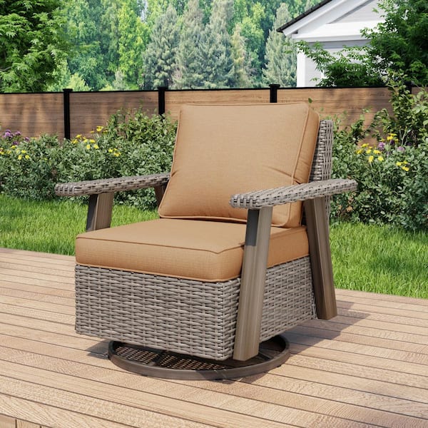 Beige Wicker Frame Outdoor Rocking Chair Patio Swivel Chair Lounge Chair with Tan Cushions