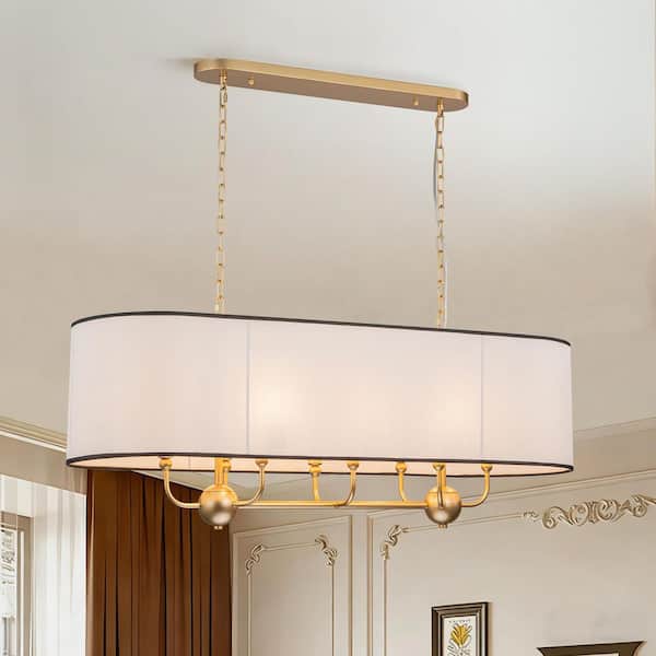 8 Light Gold Metal Linear Chandelier Adjustable Modern Industrial Pendant Light for Living Room With White Fabric Shade