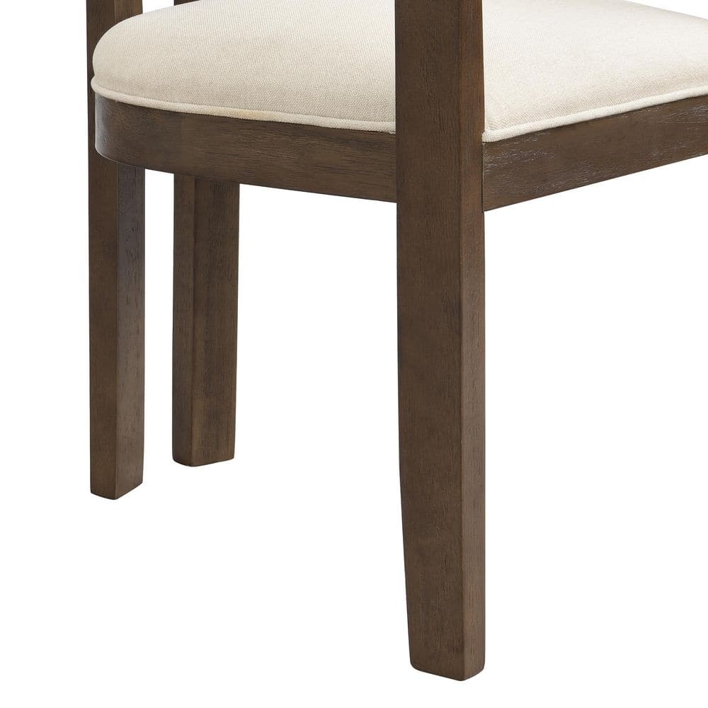 Close-up of the leg and seat corner of a modern upholstered dining chair.