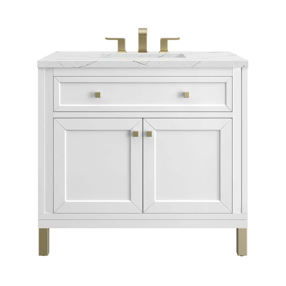 James Martin Vanities Chicago 36.0 in. W x 23.5 in. D x 34 in. H Bathroom Vanity in Glossy White with Ethereal Noctis Quartz Top -  305-V36-GW-3ENC