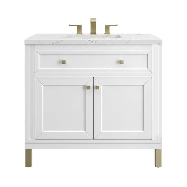 James Martin Vanities Chicago 36.0 in. W x 23.5 in. D x 34 in. H Bathroom Vanity in Glossy White with Ethereal Noctis Quartz Top