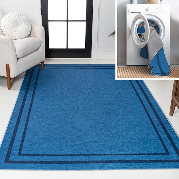 Sloane Classic 2-Stripe Border Washable Blue/Navy 9 ft. x 12 ft. Area Rug