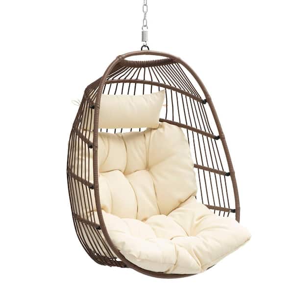 DEXTRUS Brown Wicker Patio Swing Hanging Egg Chair with Beige Cushion ( without Stand)