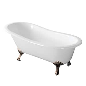 67 in. Cast Iron Single Slipper Clawfoot Bathtub in White with Feet in Brushed Nickel