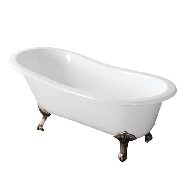 Aqua Eden 67 in. Cast Iron Single Slipper Clawfoot Bathtub in White with Feet in Brushed Nickel