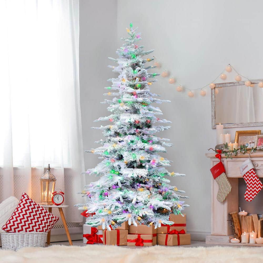 7.5-Ft Flocked Pine Artificial Christmas Tree with Multicolor LED Lights