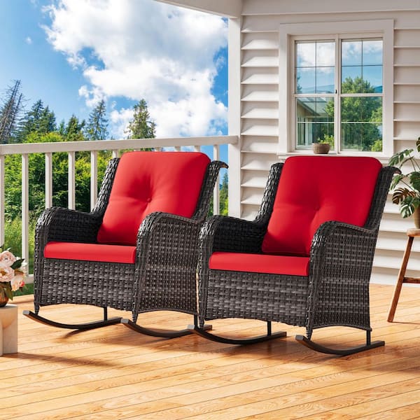 JOYSIDE Wicker Outdoor Rocking Chair Patio with Red Cushion (2-Pack)